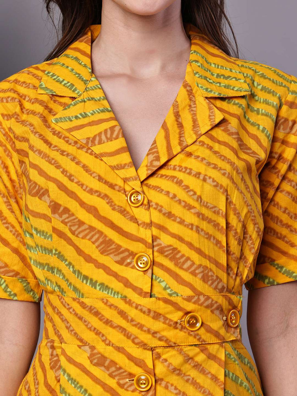 Women's Yellow Printed Cotton Shirt Dress