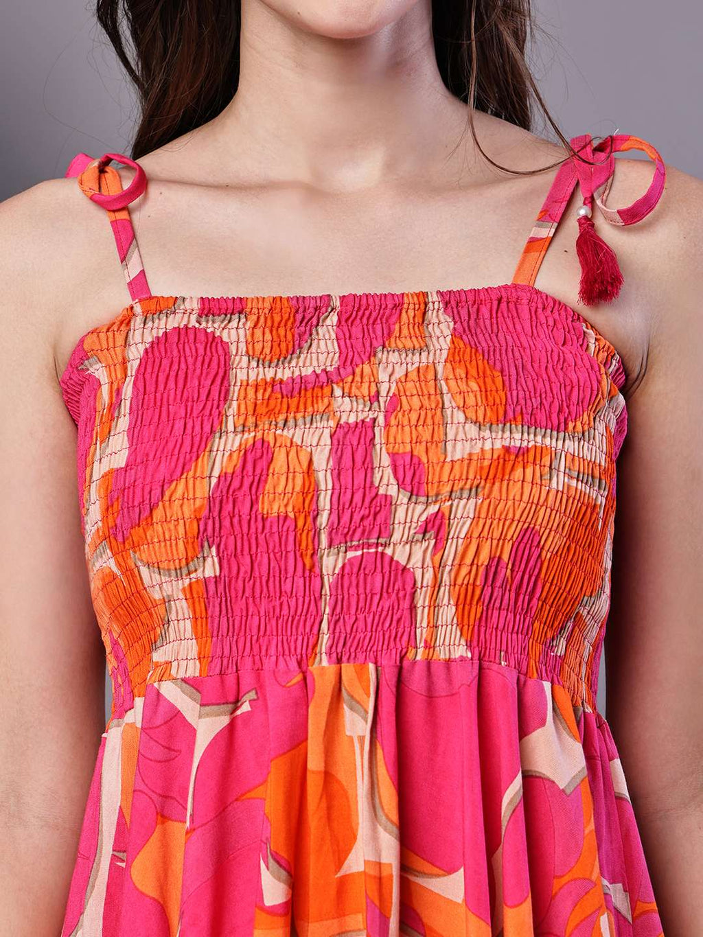 Women's Orange & Pink Printed Cotton Handkerchief Hem Dress Midi Dresses