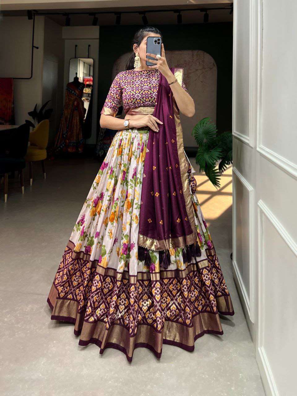 Women's Luxurious Tussar Silk Lehenga Choli with Intricate Prints & Can-Can Flair