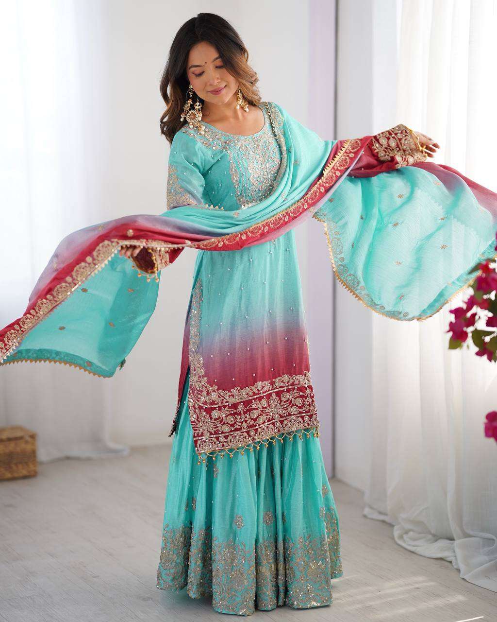 Women's Chinon Silk Sequence With Rivet Moti Work Straight Kurta With Sharara and Dupatta Set