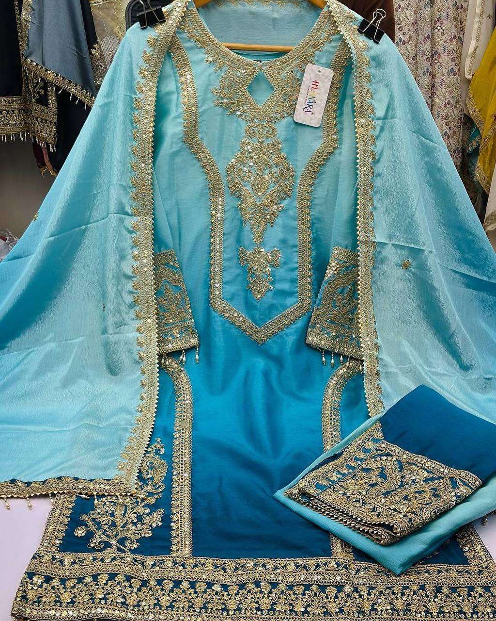 Women's Chinon Silk Embroidery Straight Pakistani Salwar Suit and Dupatta