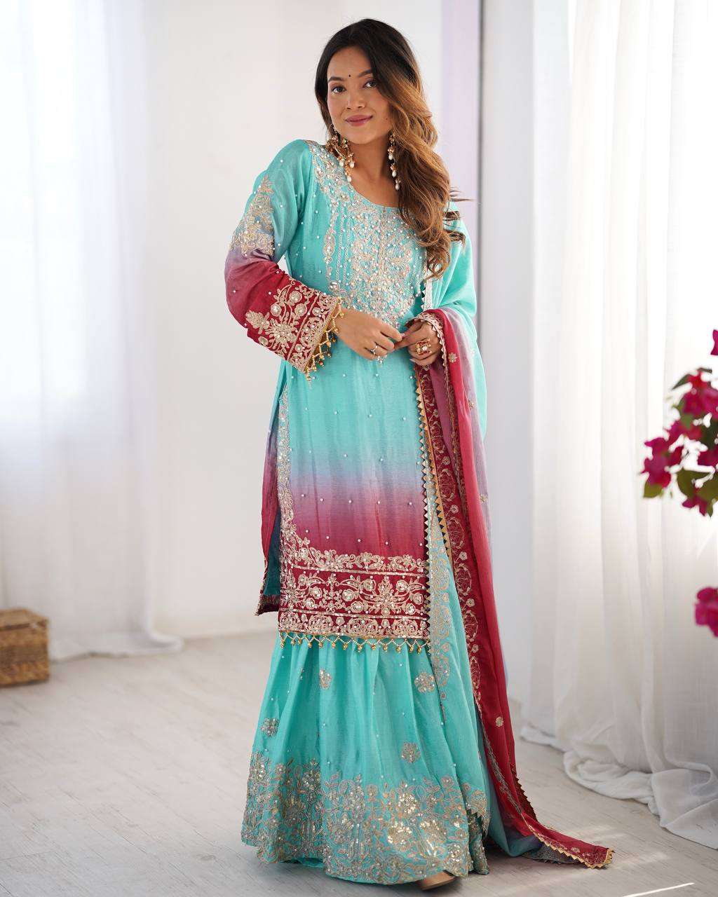 Women's Chinon Silk Sequence With Rivet Moti Work Straight Kurta With Sharara and Dupatta Set