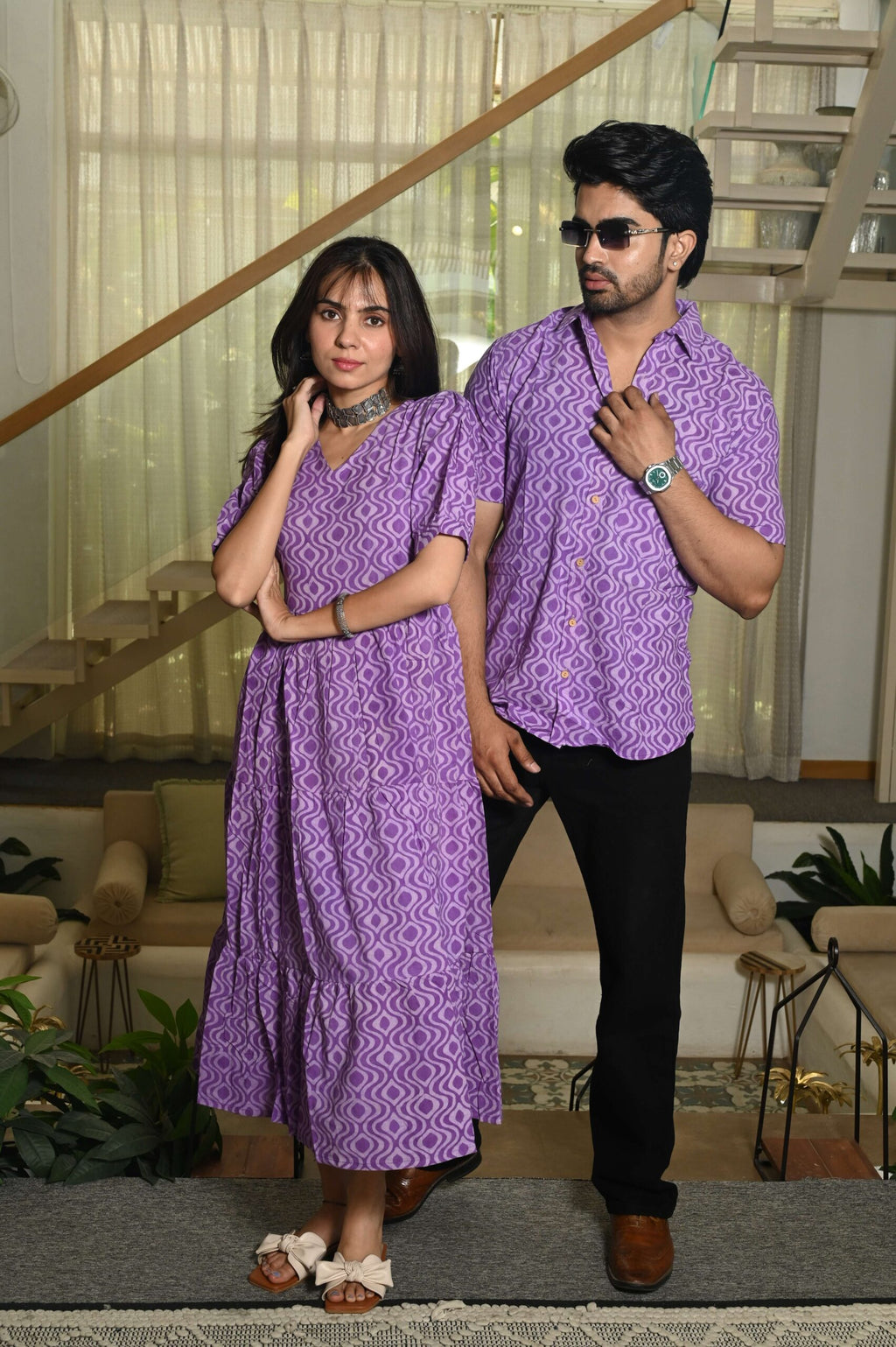 Couple Matching Purple Cotton Anarkali Midi Dress and Shirt Set ? Geometric Wave Print