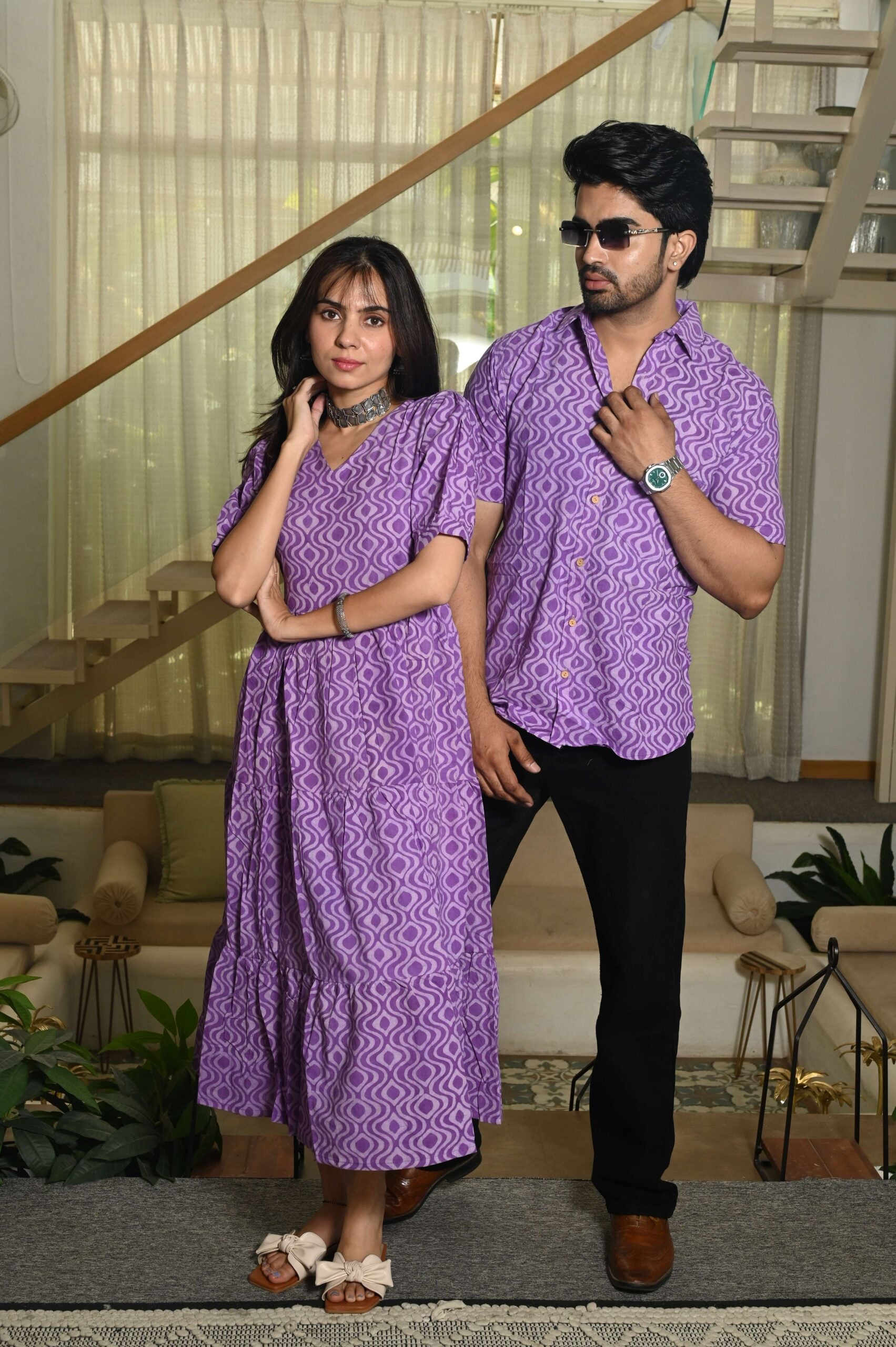 Couple Matching Purple Cotton Anarkali Midi Dress and Shirt Set ? Geometric Wave Print