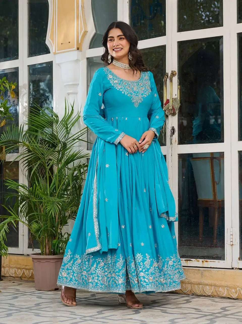 Women's American Silk Sequence Embroidery Long Anarkali Kurti Gown With Dupatta