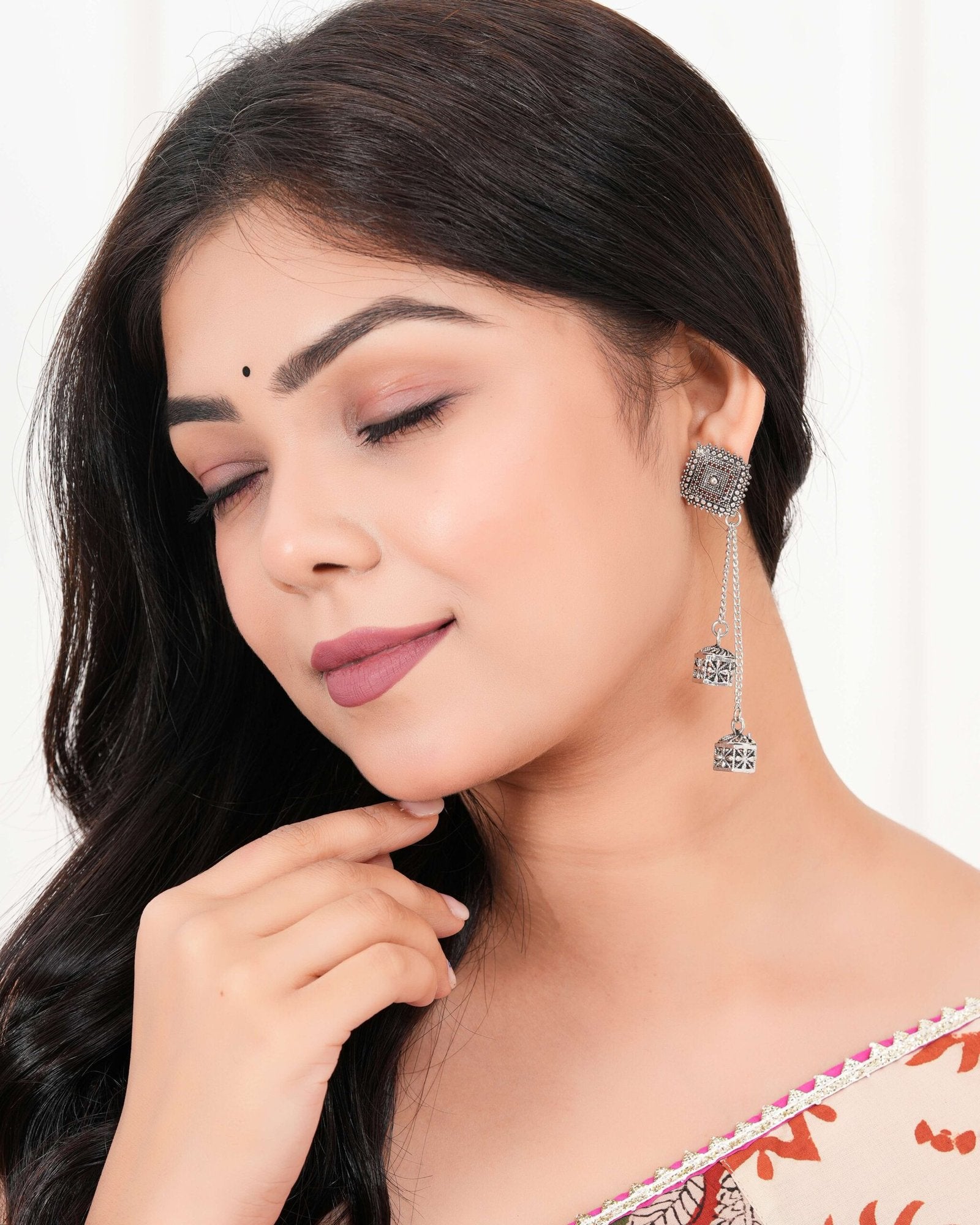 Women's Silver Circle Long Two AZ838-OXidised Unique Western Earrings for Women Party Wear