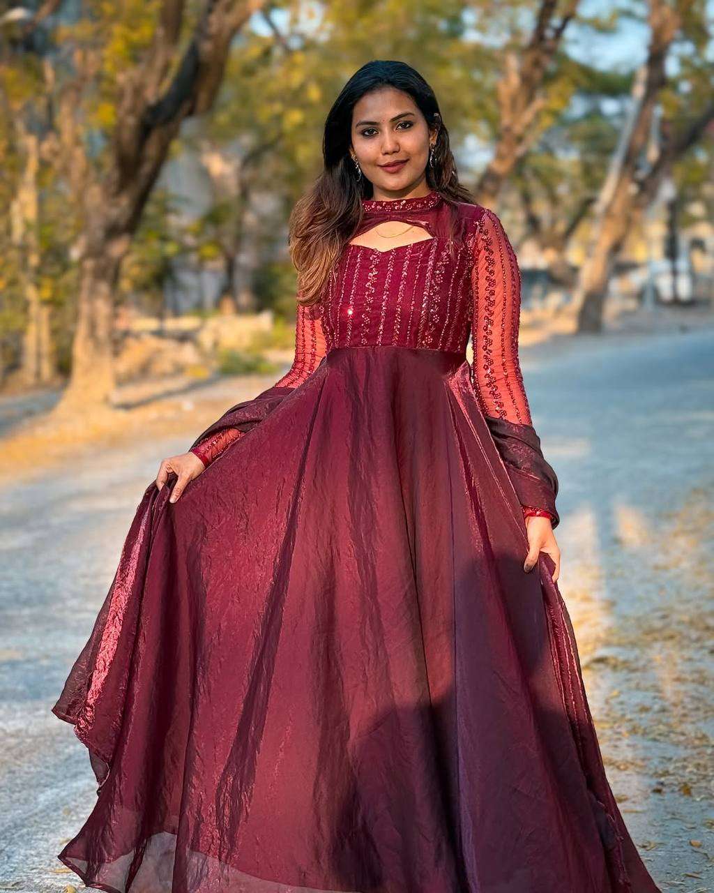 Women's Silk Heavy Embroidery Sequence Work Long Anarkali Kurti With Pant and Dupatta Set