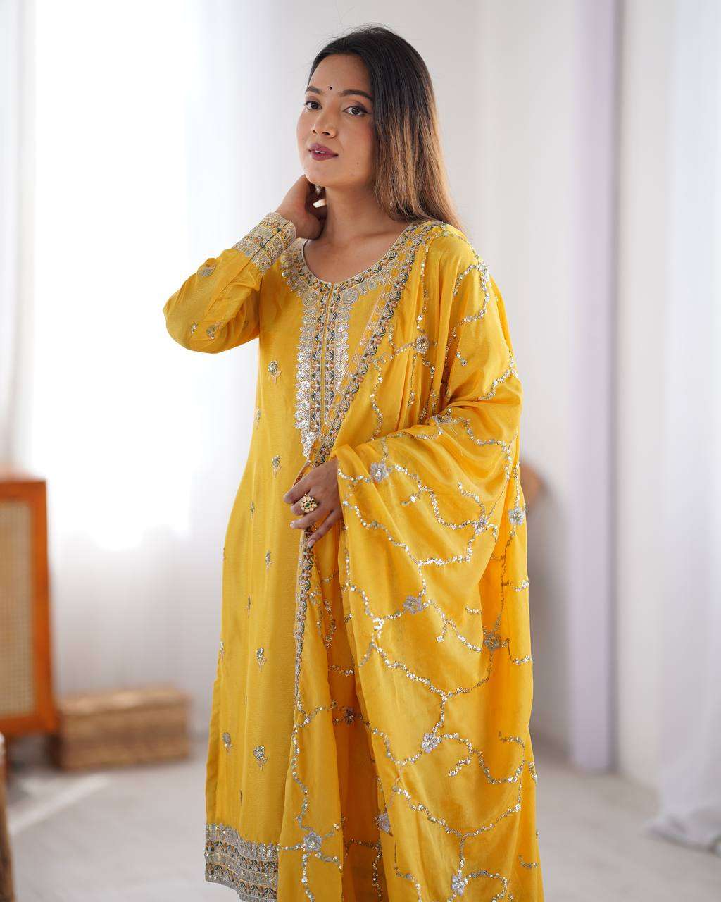 Women's Chinon Silk Embroidered Straight Kurti with Pant And Dupatta Set