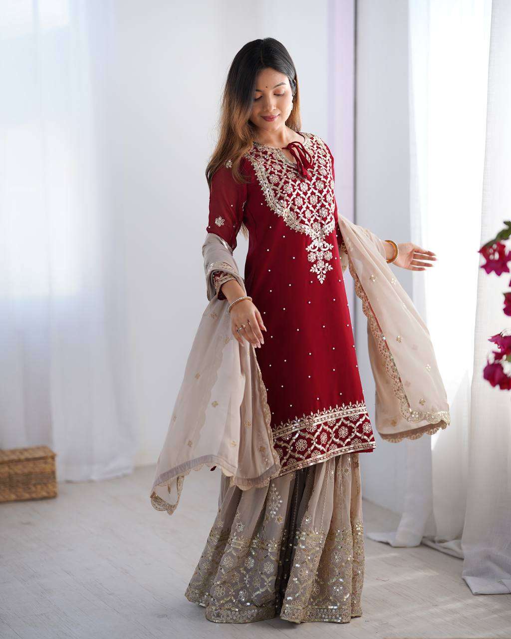 Women's Faux Georgette Sequins Embroidered Straight Kurta With Sharara Suit and Dupatta Set