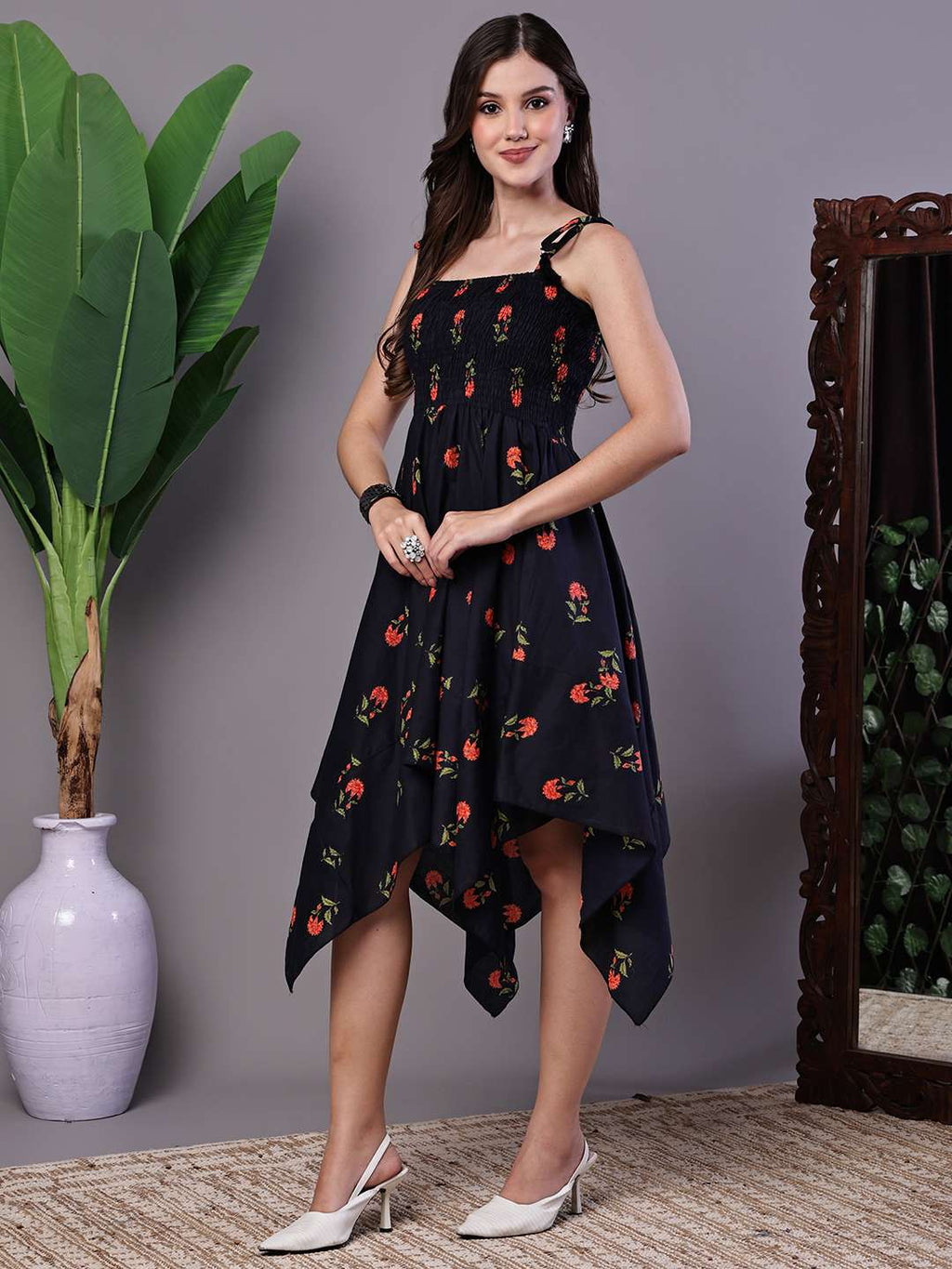 Women's Black Floral Printed Cotton Handkerchief Hem Dress Midi Dresses