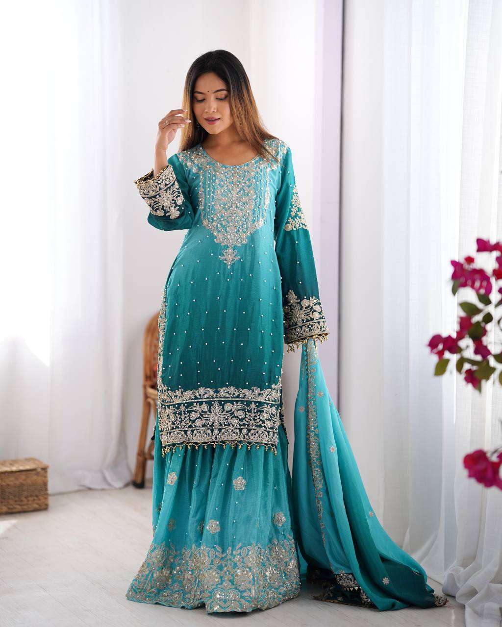 Women's Chinon Silk Sequence With Rivet Moti Work Straight Kurta With Sharara and Dupatta Set