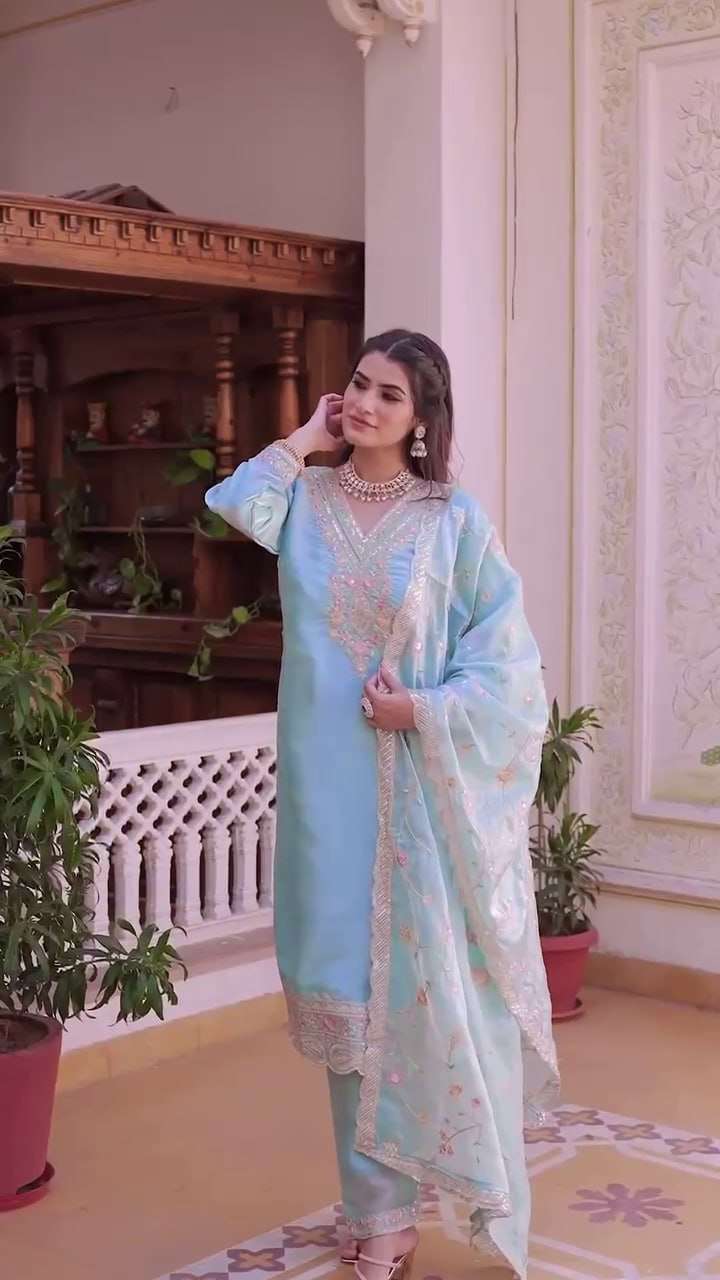 Women's Silk Heavy Embroidery Sequence Work Top-Bottom Straight Kurti With Pant and Dupatta set