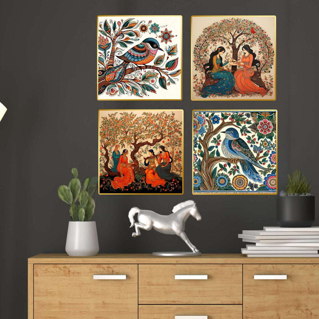 Set of Four Wall Paintings for Wall Dacoration Golden Framed Wall Paintings for Living Room & Bedroom Wall Art for Home Decoration & Office Wall Décor (13x10 inch CH-GD4-8)