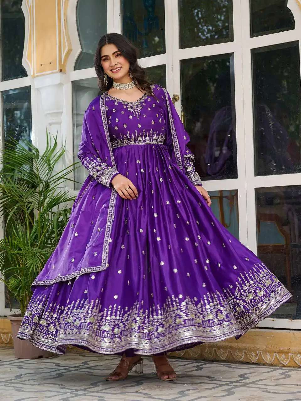 Women's American Silk Sequence Embroidery Long Anarkali Kurti (Gown) With Dupatta