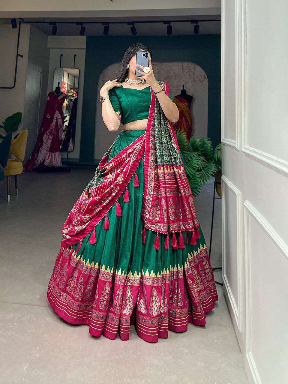 Women's Stitched Ethnic Lehenga Choli with Zari Border and Contrast Dupatta
