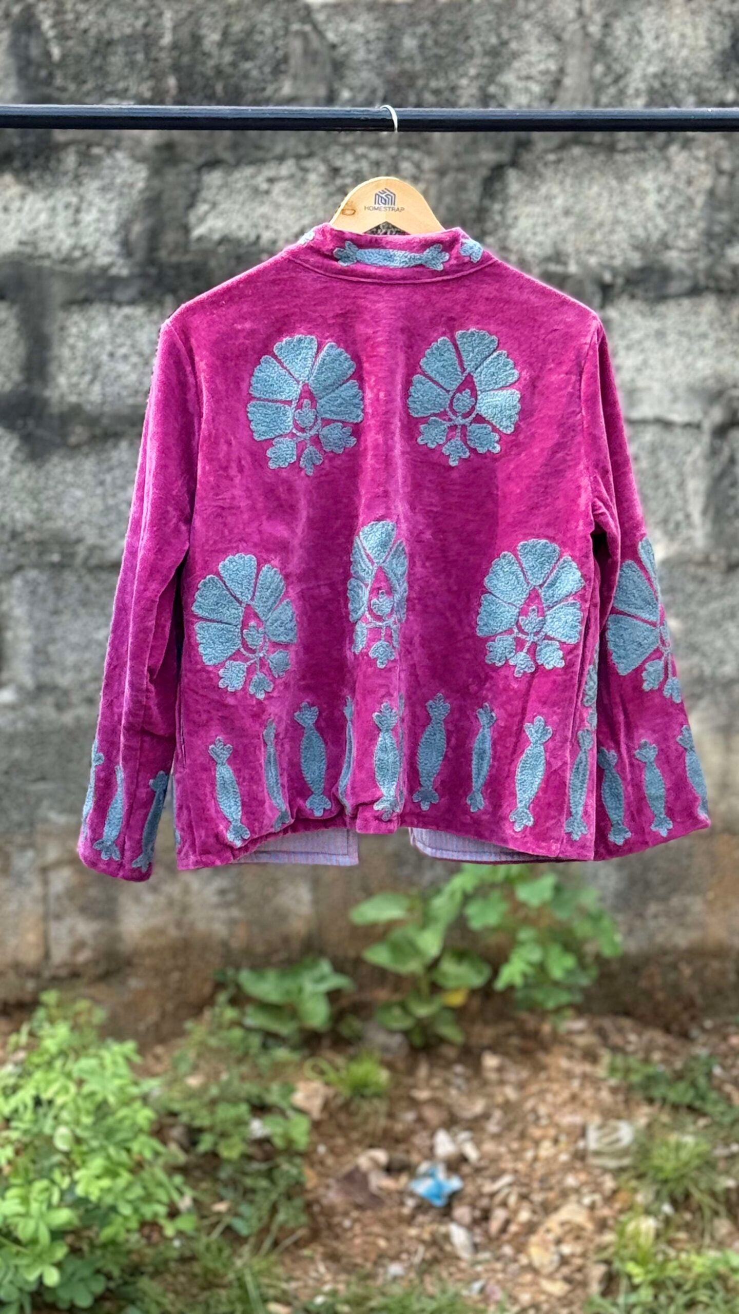 Womens Pink Velvet Embroidered Jacket with Floral Design