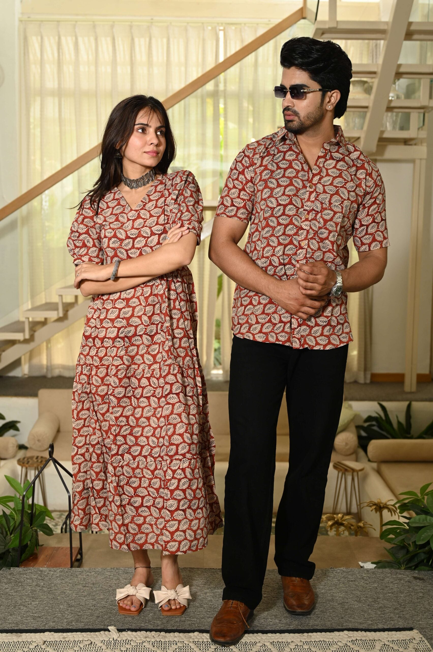 Couple Matching Red-Beige Cotton Anarkali Midi Dress and Shirt Set ? Leaf Block Print