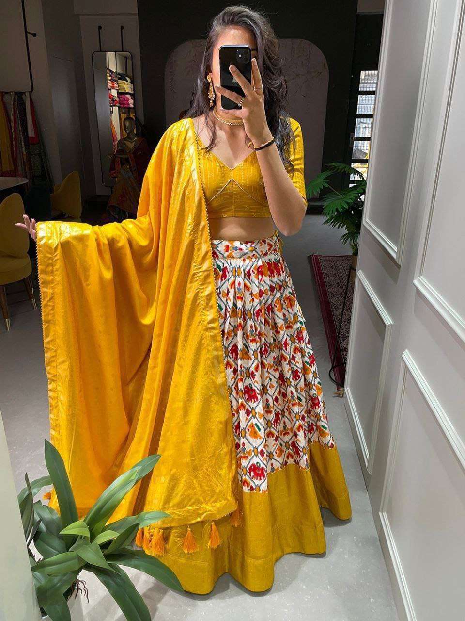 Women's Tussar Silk Patola Print Lehenga Choli Dupatta Set