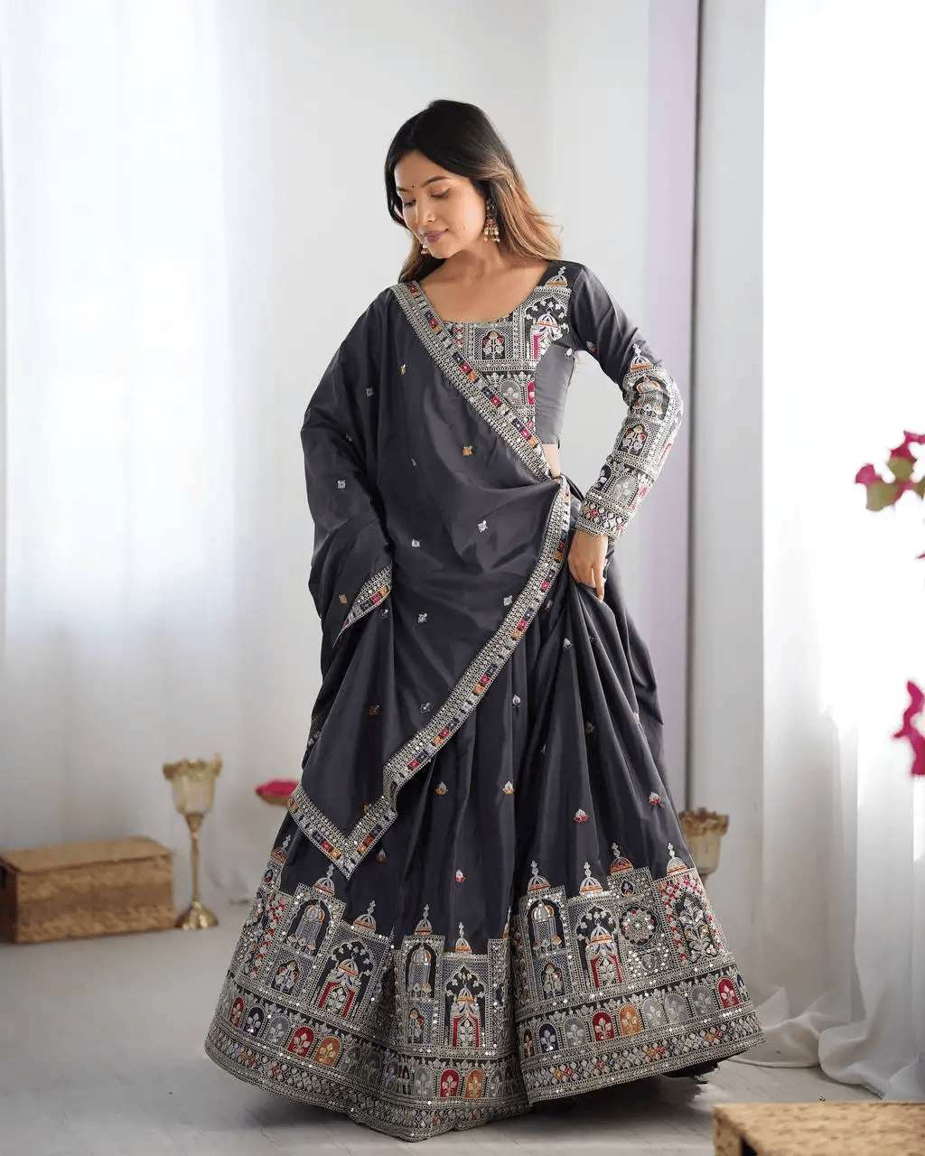 Women's Crepe Silk Sequence Embroidery and Zari Work Rajsthani Lehenga Choli with Dupatta