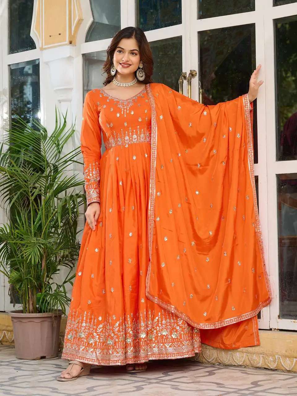 Women's American Silk Sequence Embroidery Long Anarkali Kurti (Gown) With Dupatta