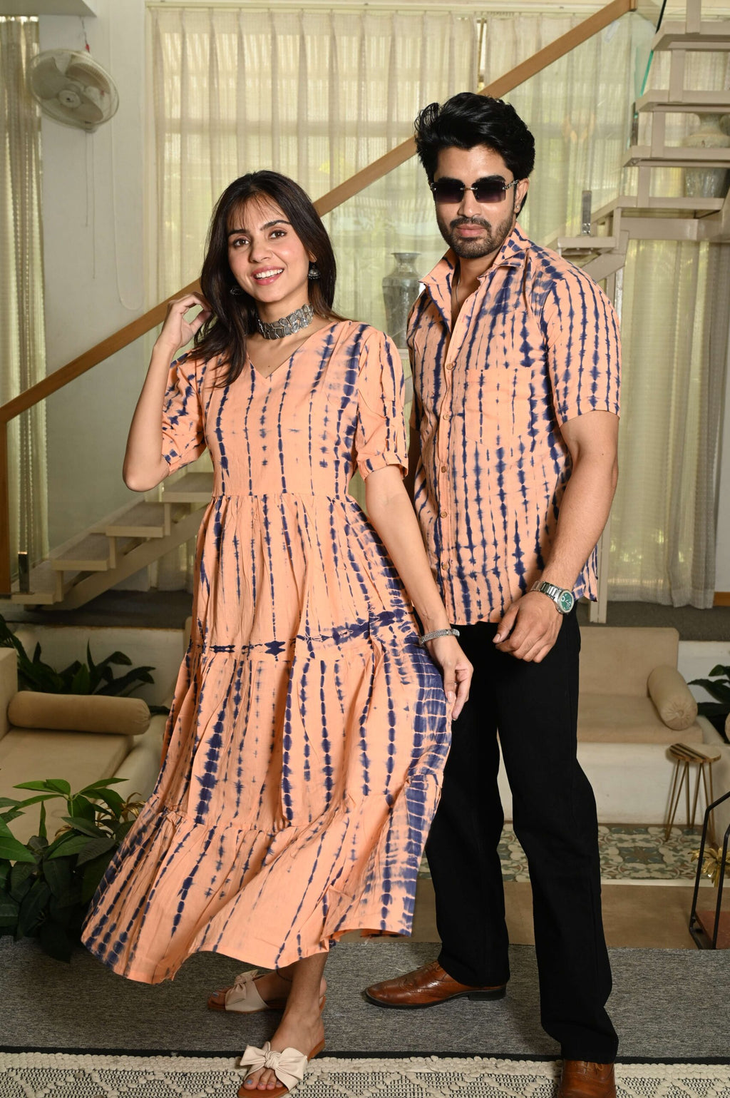 Couple Matching Peach Printed Cotton Anarkali Midi Dress & Shirt Set ? Summer Casual Wear
