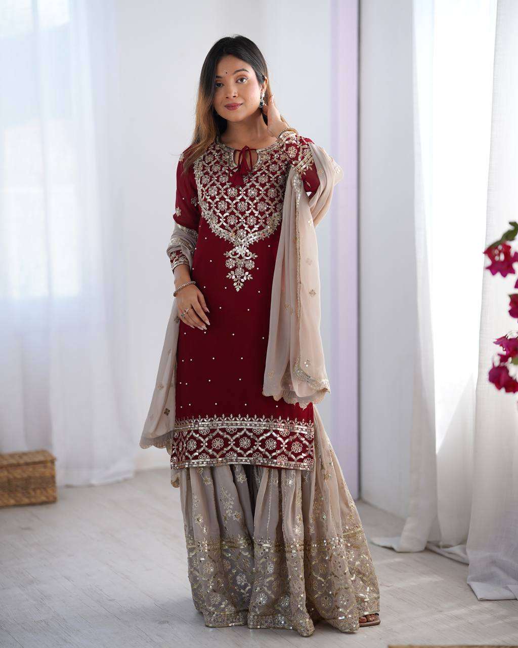 Women's Faux Georgette Sequins Embroidered Straight Kurta With Sharara Suit and Dupatta Set