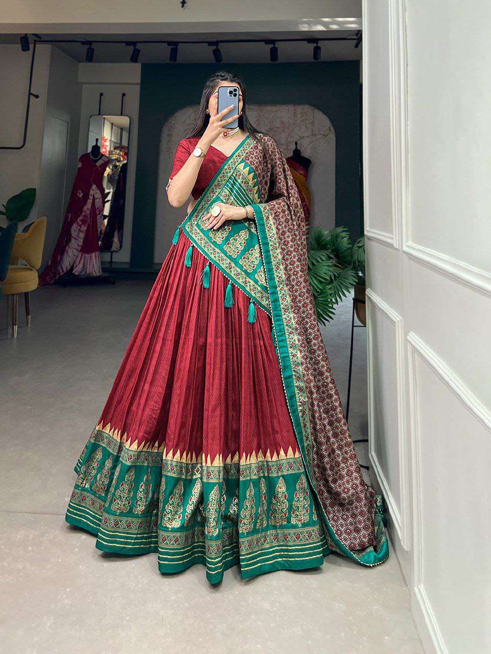 Women's Stitched Ethnic Lehenga Choli with Zari Border and Contrast Dupatta
