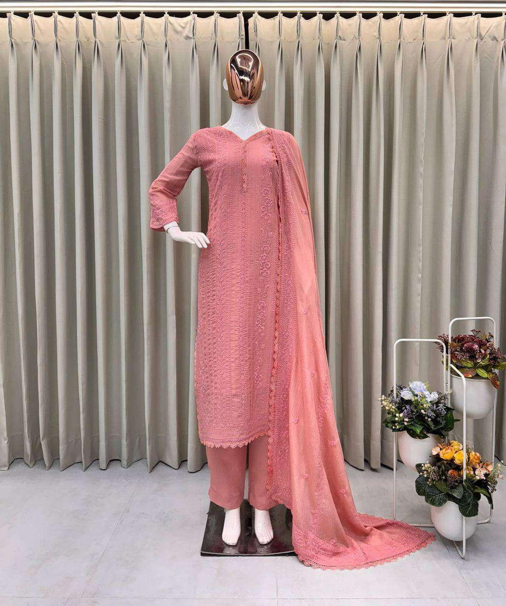 Women's Chinon Silk with Cotton Thread Embroidery Straight Kurti With Pant and Dupatta set
