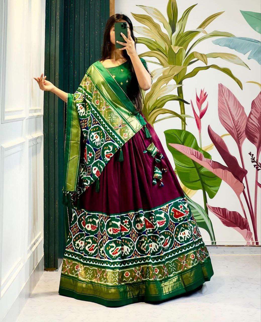 Women's Stitched Tussar Silk Patola Print Lehenga Choli Dupatta Set