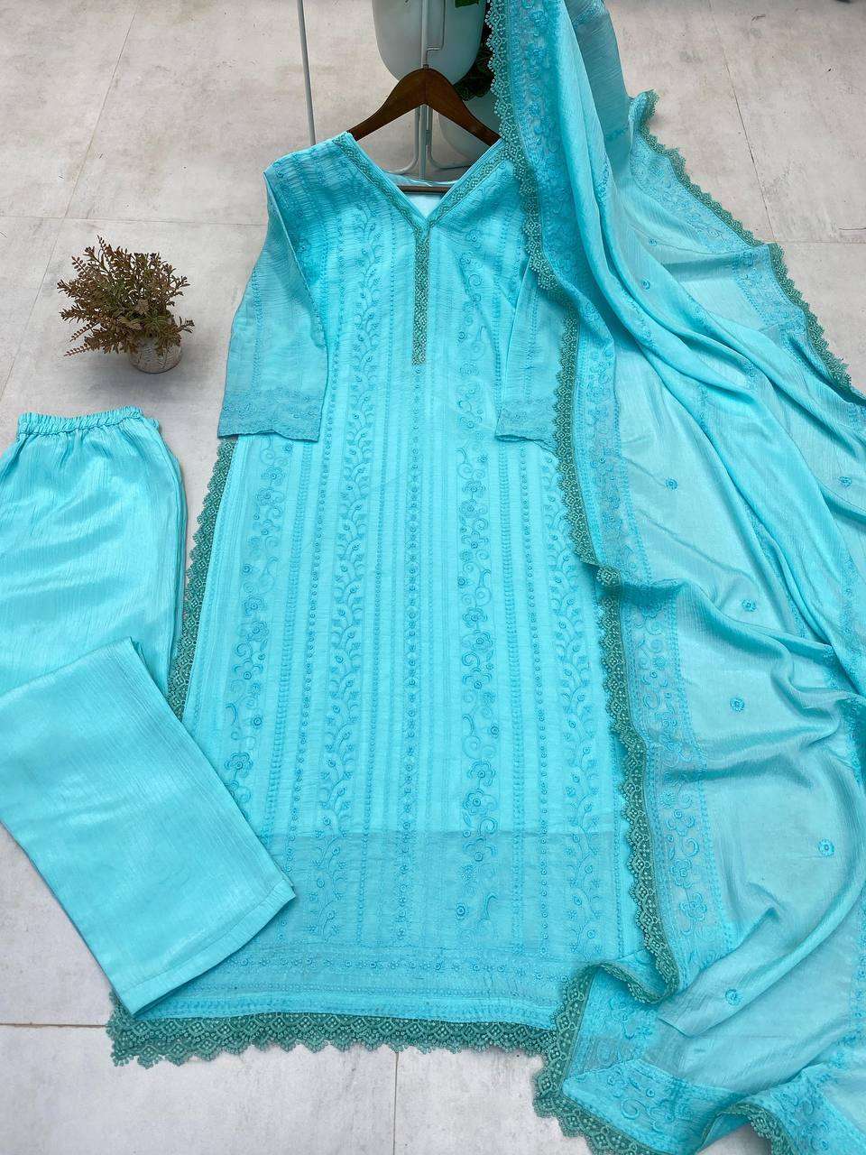 Women's Chinon Silk with Cotton Thread Embroidery Straight Kurti With Pant and Dupatta set