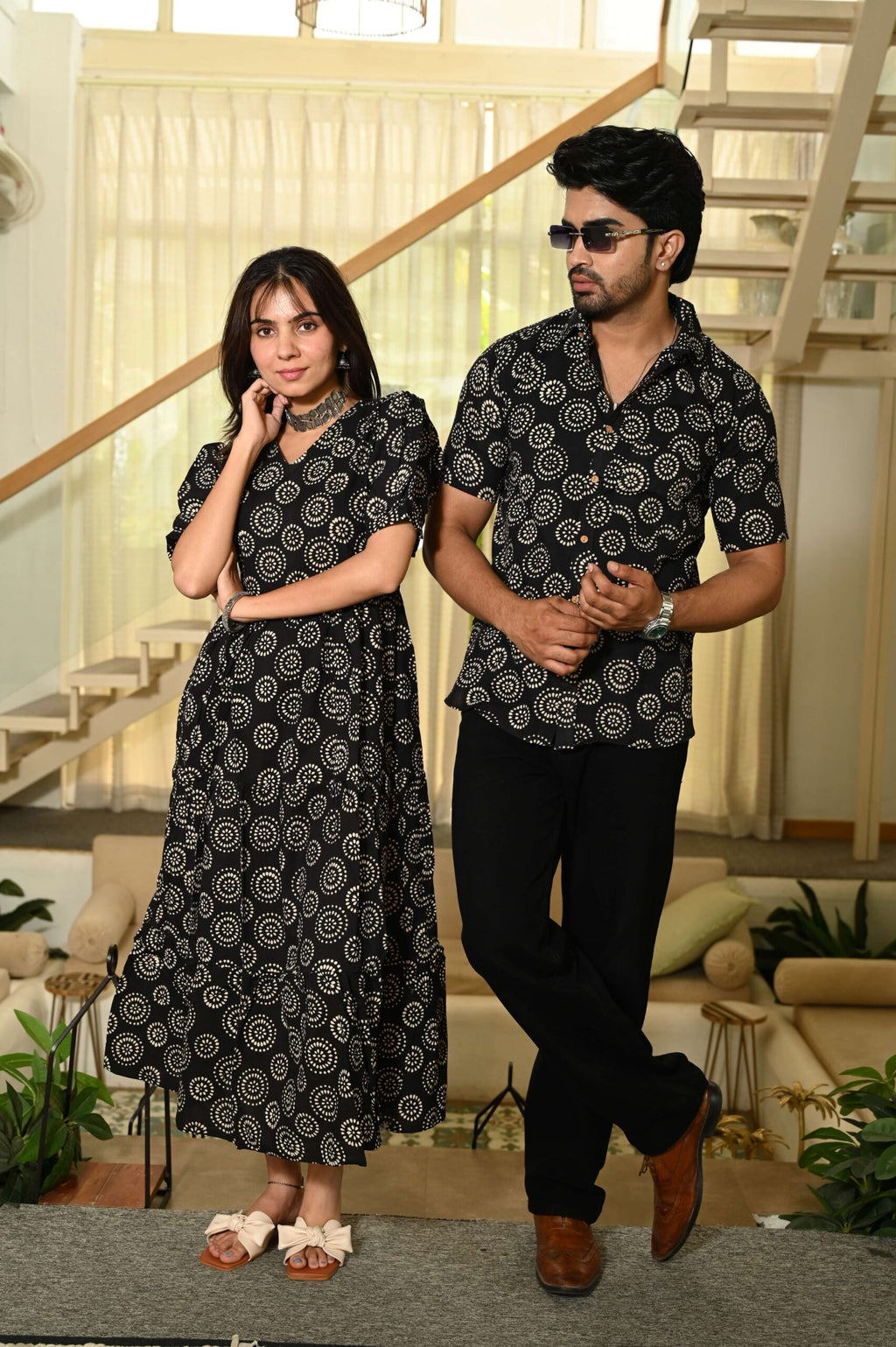 Couple Matching Black floral Printed Cotton Anarkali Midi Dress & Shirt Set ? Summer Casual Wear