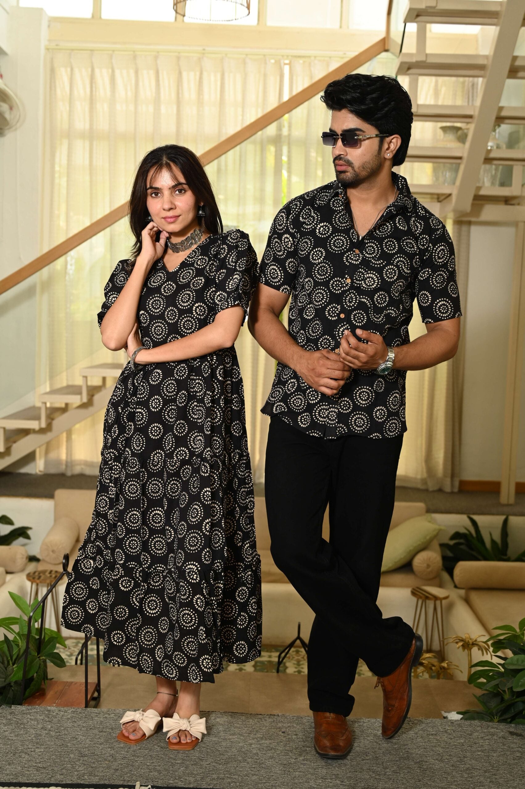 Couple Matching Black floral Printed Cotton Anarkali Midi Dress & Shirt Set ? Summer Casual Wear