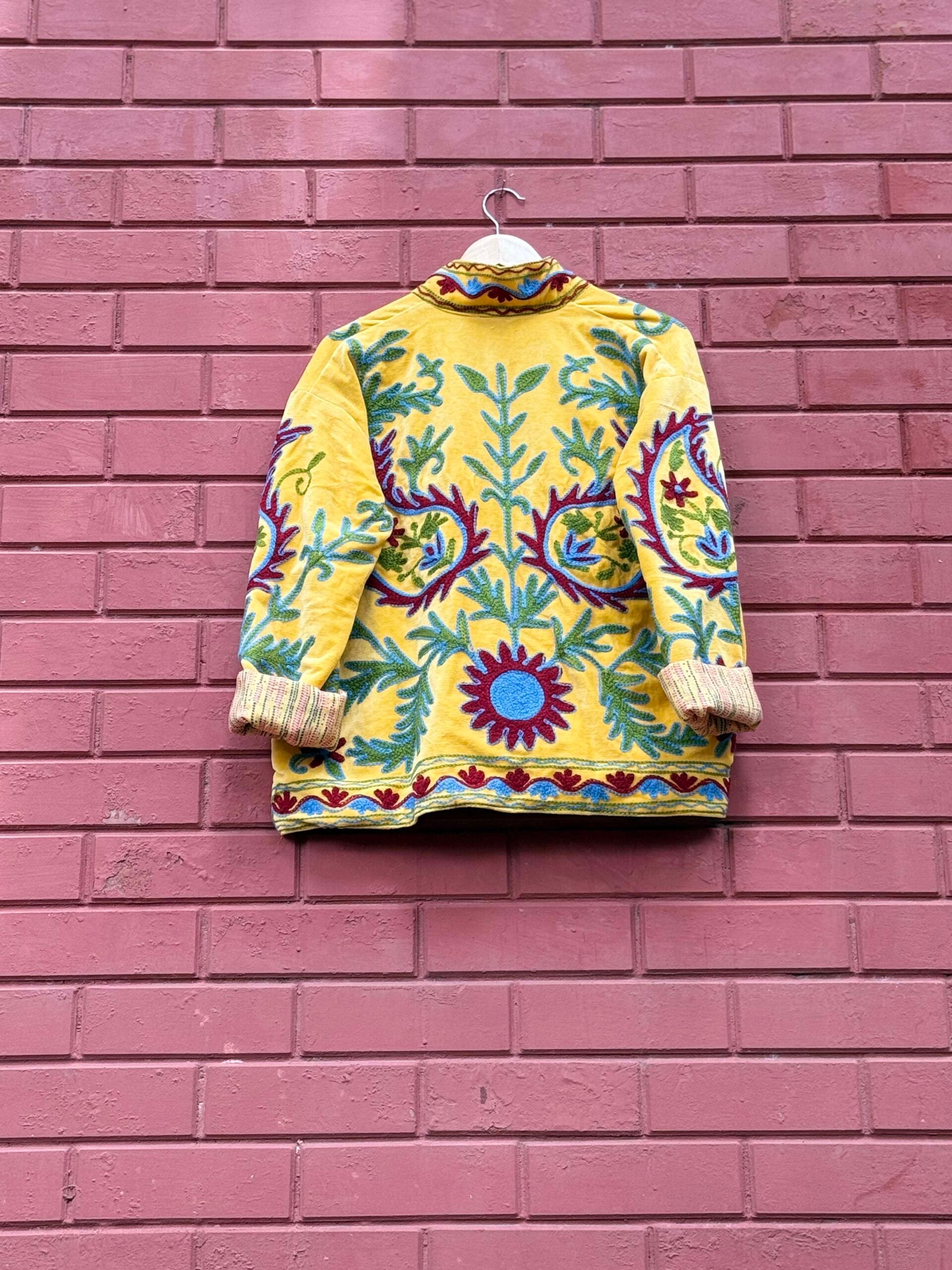 Womens Yellow Velvet Embroidered Jacket with Floral Design
