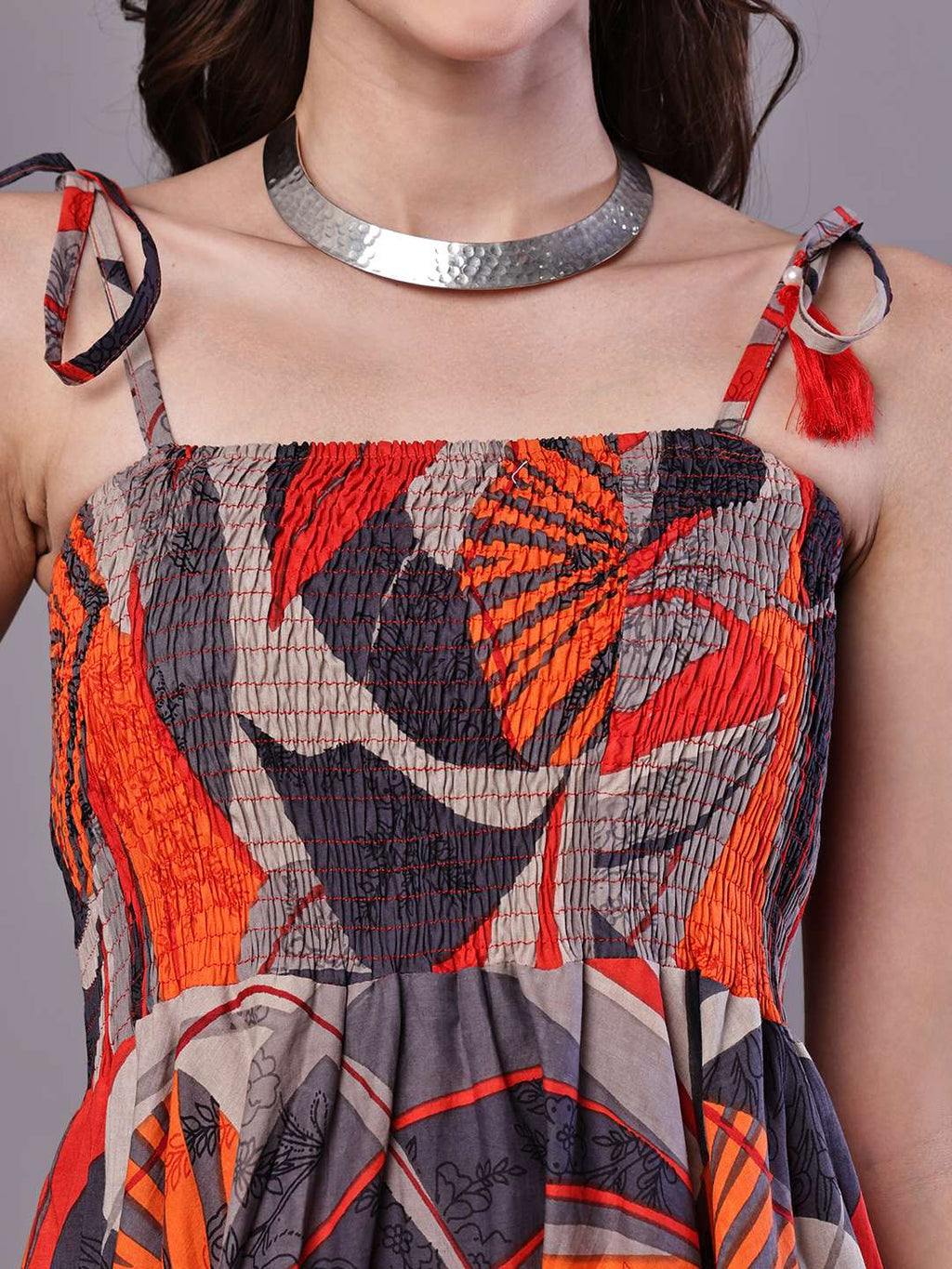Women's Rust & Grey Abstract Print Cotton Handkerchief Hem Dress Midi Dresses