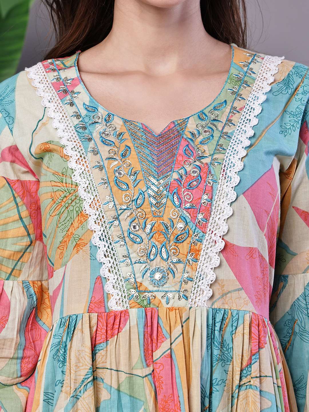 Wome's Multicolor Printed Cotton A-Line Dress with Embroidered Yoke Midi Dresses