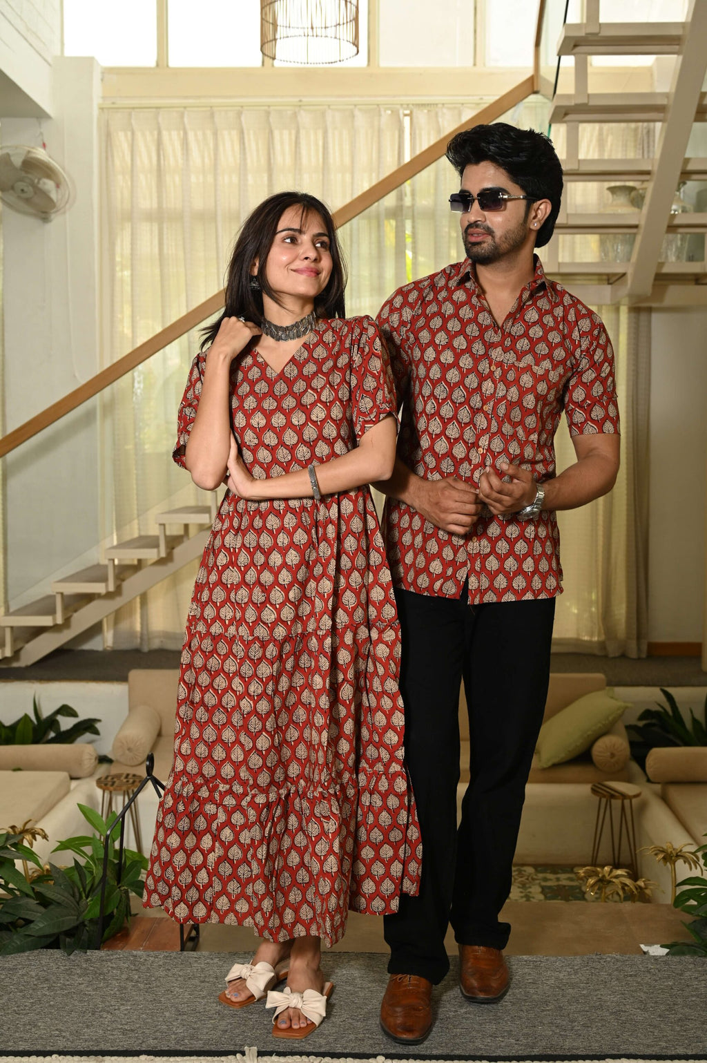 Couple Matching Red Cotton Anarkali Midi Dress and Shirt Set ? Gold Leaf Block Print