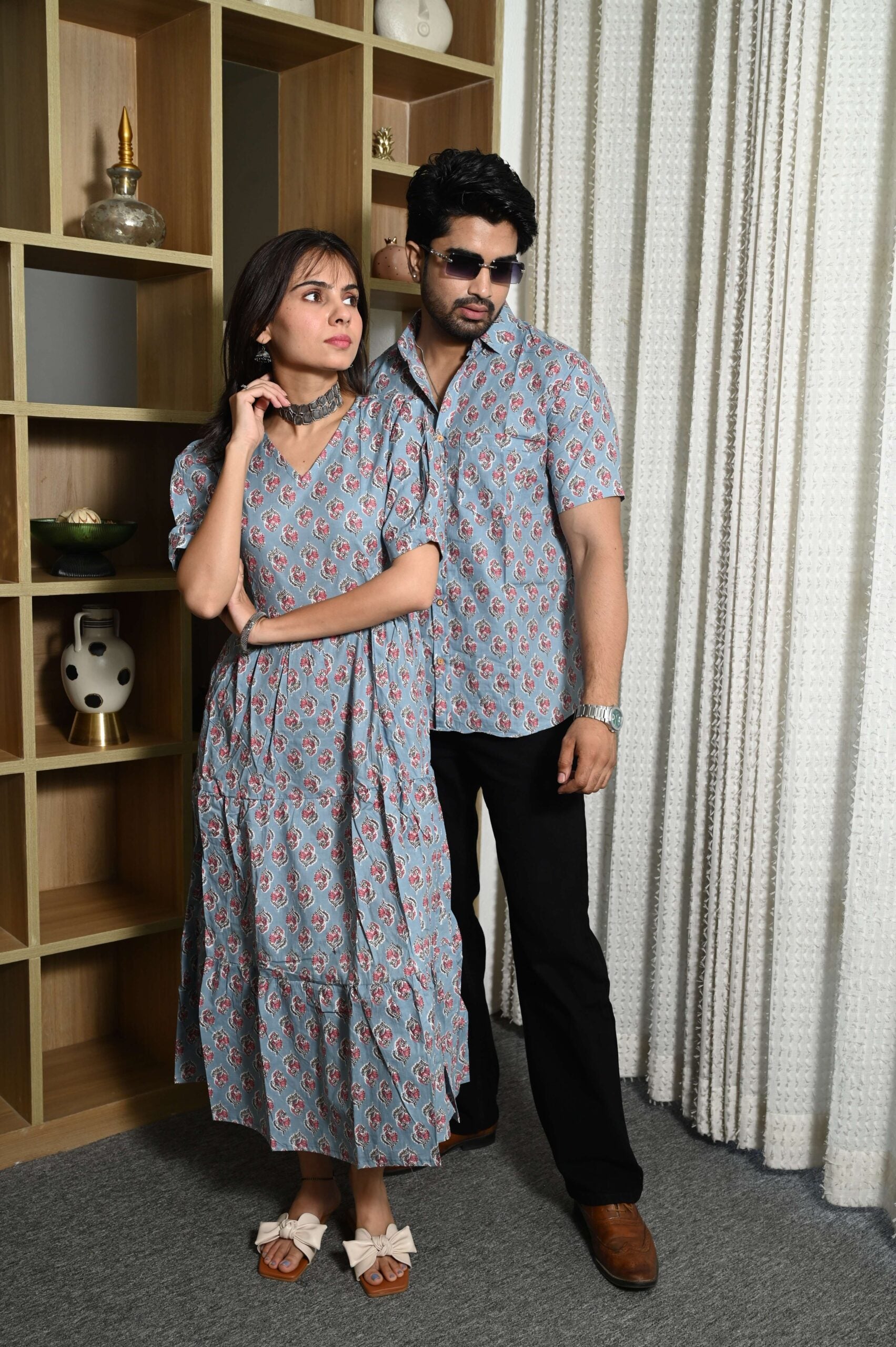 Couple Matching Sky Blue Cotton Anarkali Midi Dress and Shirt Set ? Pink Floral Print
