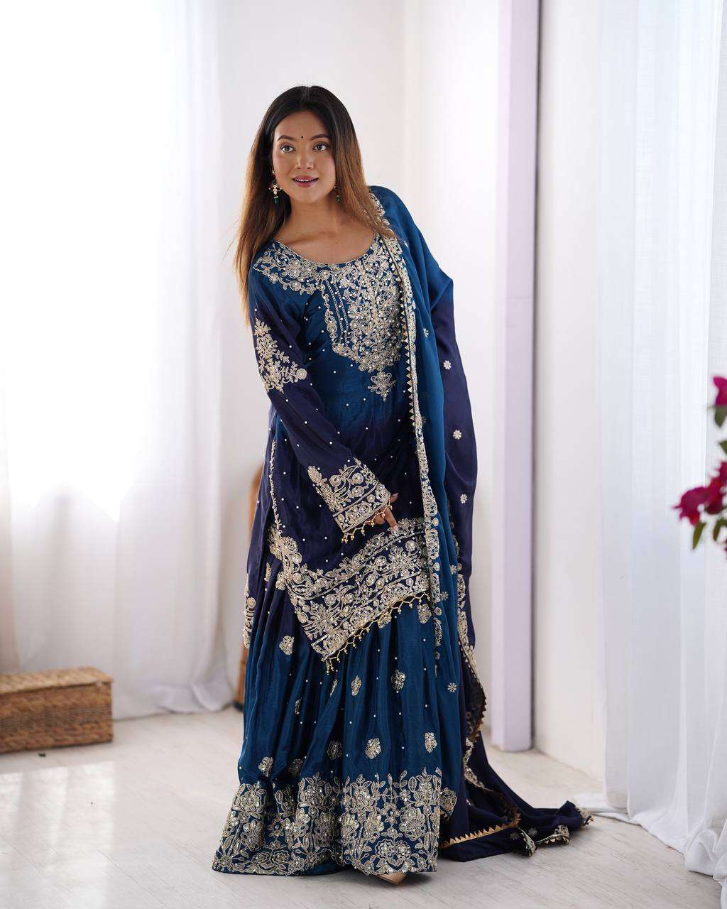 Women's Chinon Silk Sequence With Rivet Moti Work Straight Kurta With Sharara and Dupatta Set