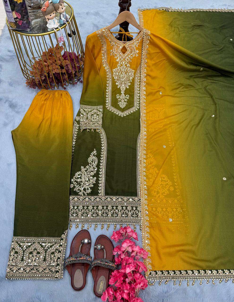 Women's Chinon Silk Embroidery Straight Pakistani Salwar Suit and Dupatta