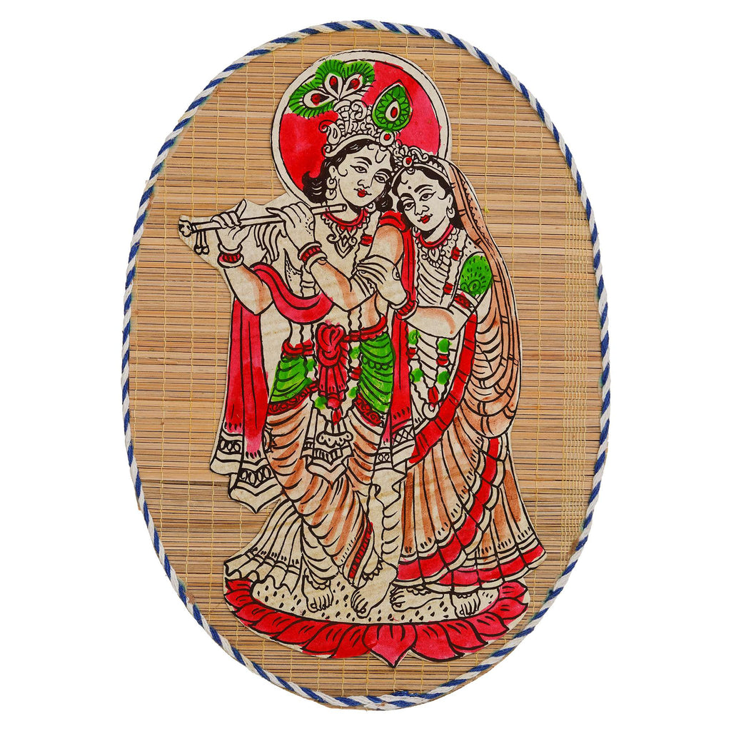 Oval Shaped Design Bamboo Hand Crafted Wall Hangings Of Krishna Ji With Radha Ji For Home Decor | Bamboo Art For Wall Decor