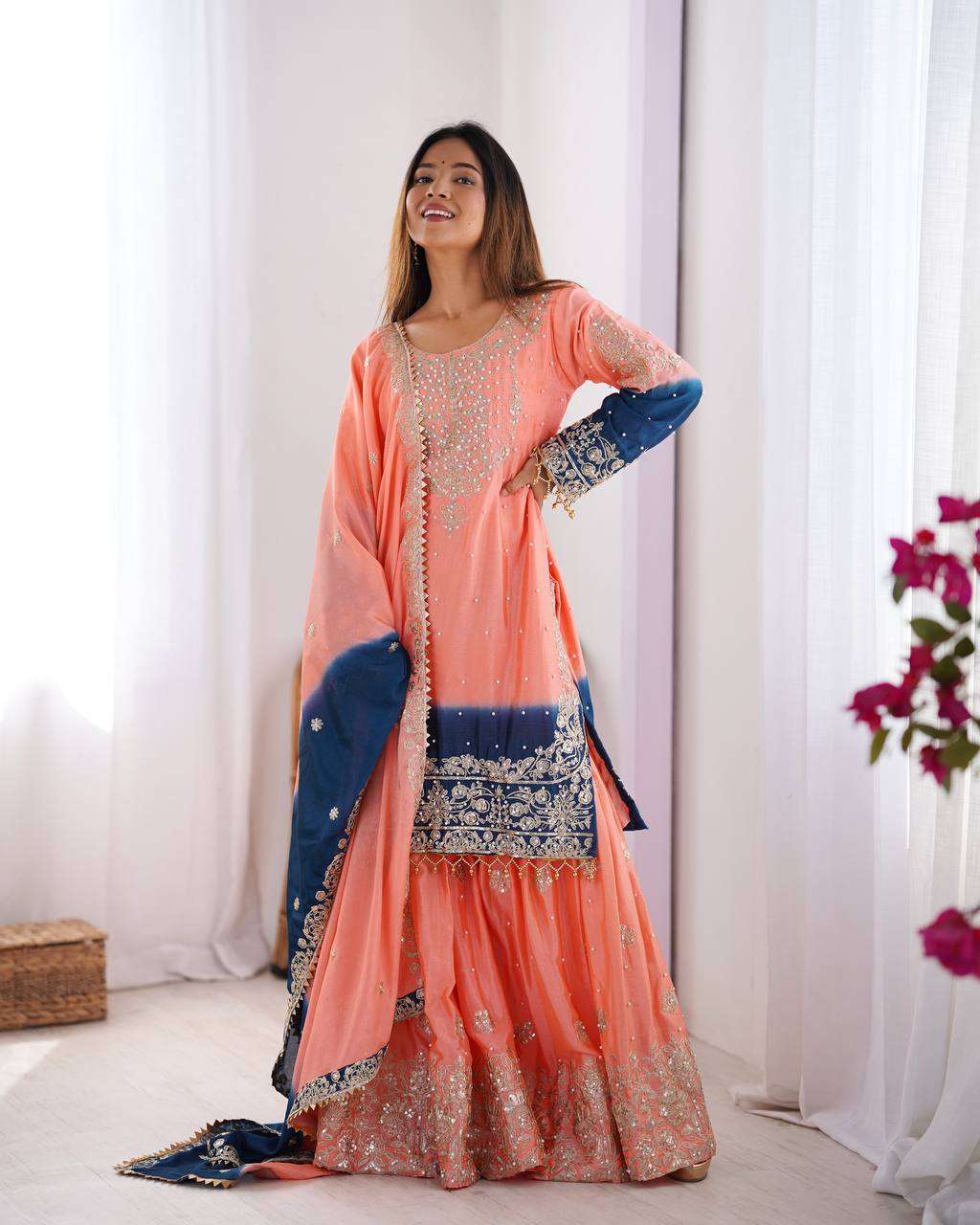 Women's Chinon Silk Sequence With Rivet Moti Work Straight Kurta With Sharara and Dupatta Set