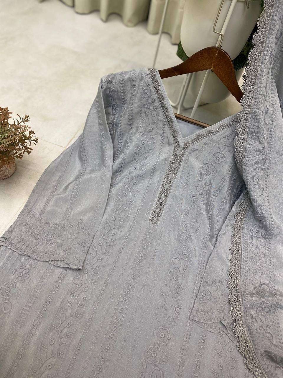 Women's Chinon Silk with Cotton Thread Embroidery Straight Kurti With Pant and Dupatta set