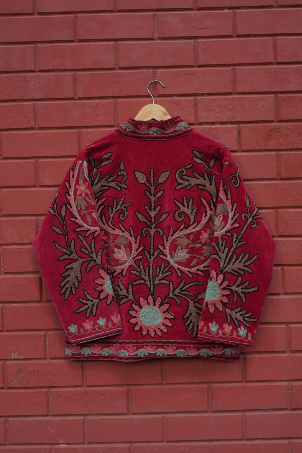 Womens Red Velvet Embroidered Jacket with Floral Design