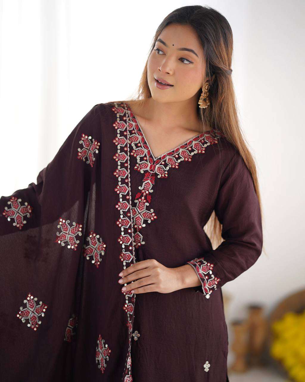 Women's Chinnon Silk Embroidery Sequence Work and Lace Work Straight Kurti With Pant and Dupatta