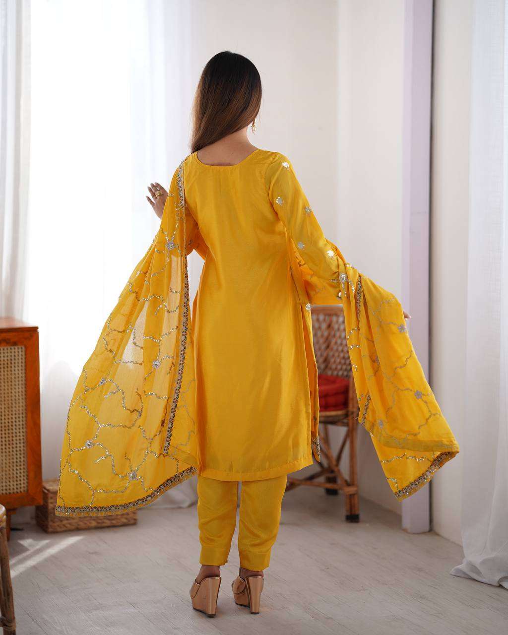 Women's Chinon Silk Embroidered Straight Kurti with Pant And Dupatta Set