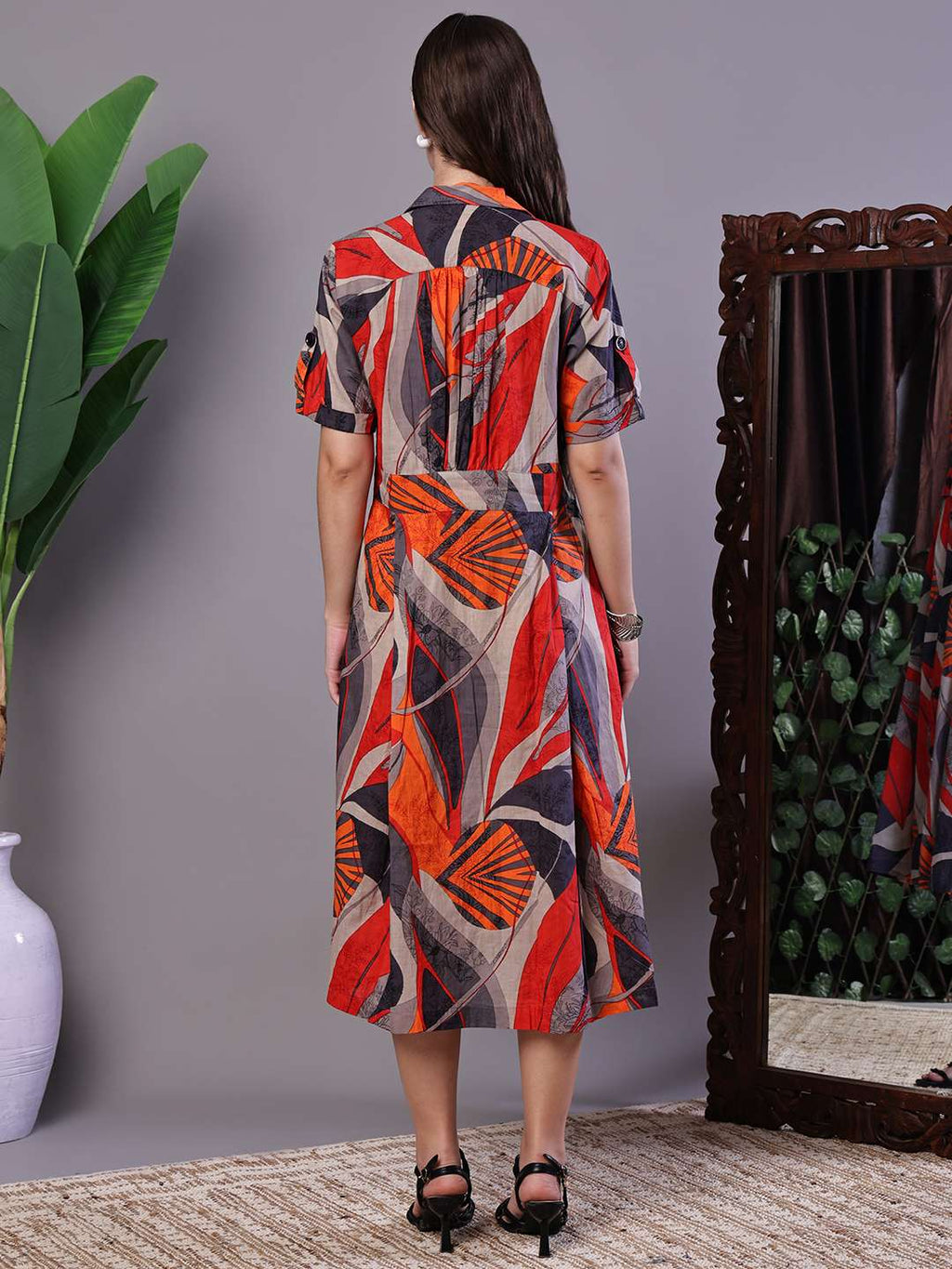 Women's Leaf Print Button-Down Cotton Midi Dress