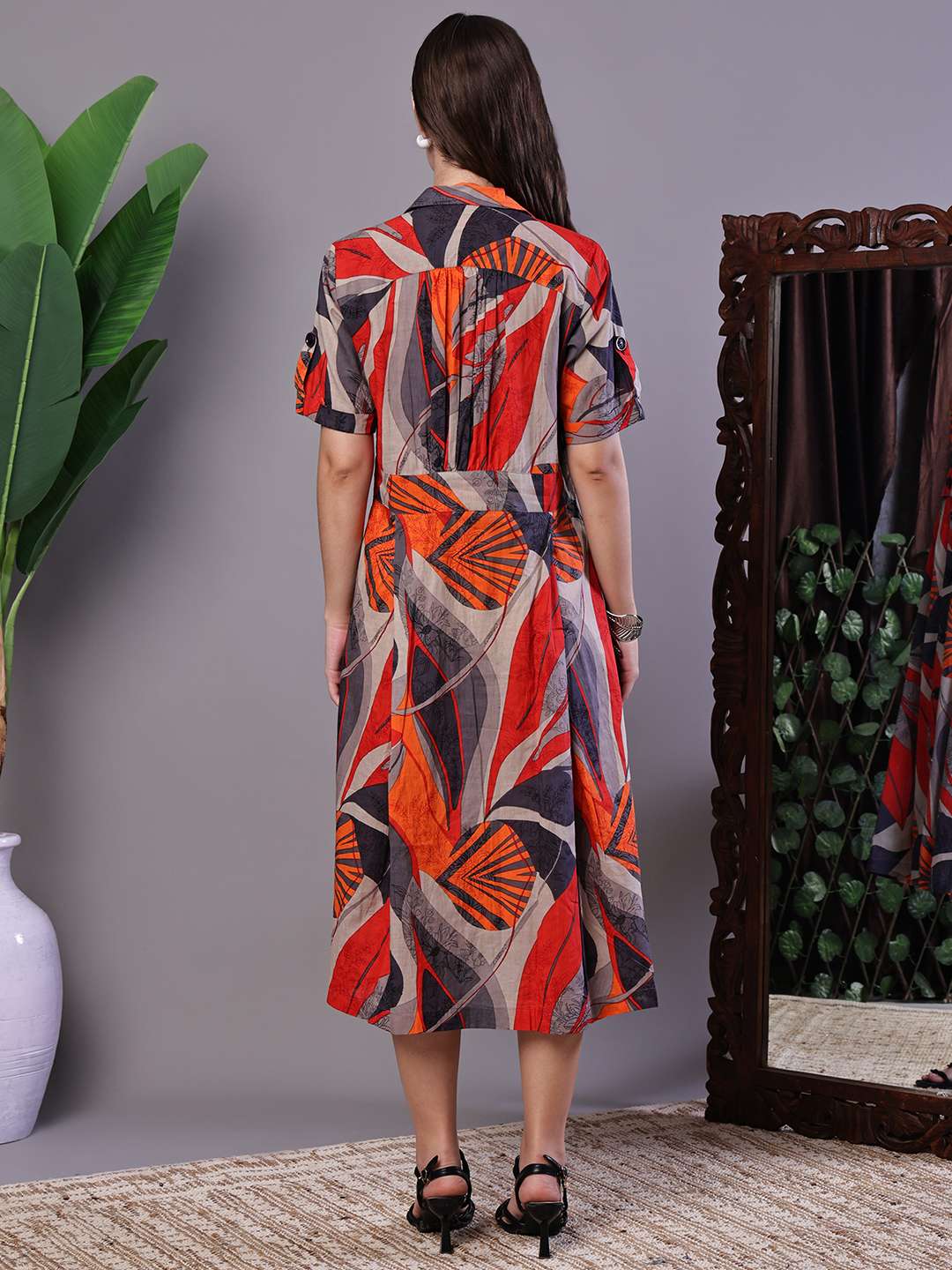 Women's Leaf Print Button-Down Cotton Midi Dress