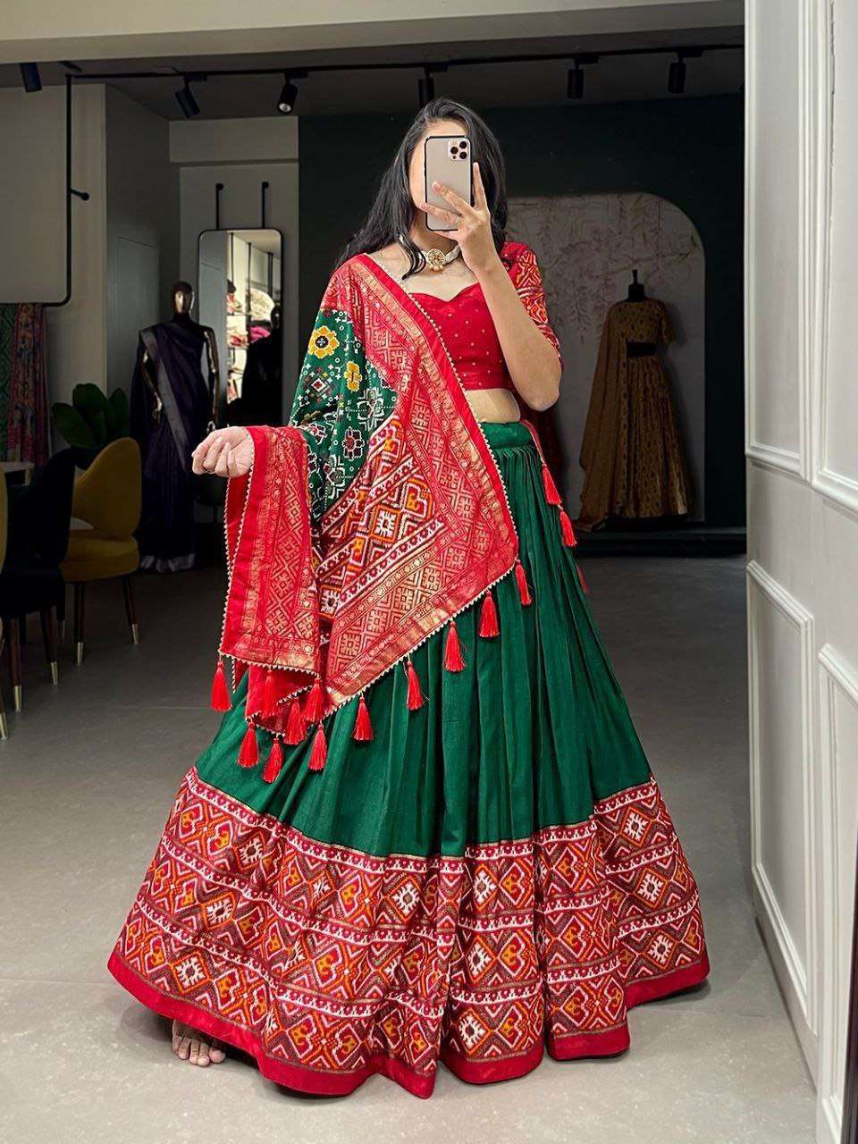 Women's Tussar Silk Patola Print Lehenga Choli Dupatta Set