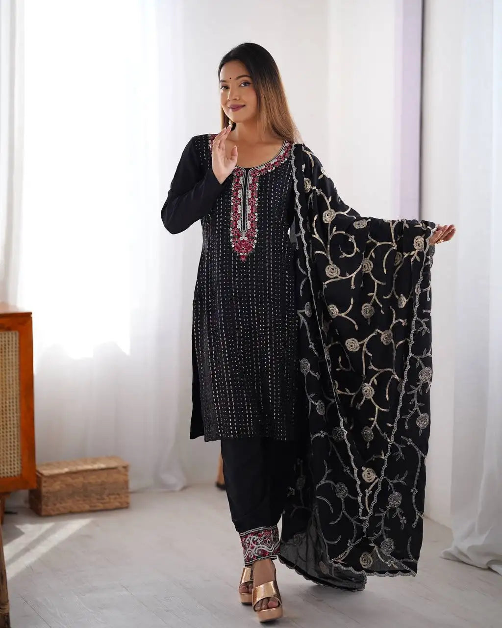 Women's Chinon Silk Sequence And Thread Work Straight Kurti With Pant and Dupatta Set