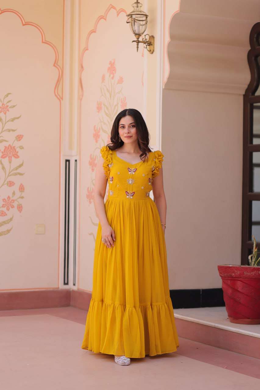 Women's Elegant Plum Purple Georgette Anarkali Gown with Butterfly Applique & Ruffle Sleeves – Festive & Special Occasion Wear